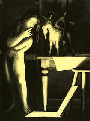Black and light-yellow lithograph print of a figure peering into a light-filled opening in the ground, standing next to a monkey and goat on a table