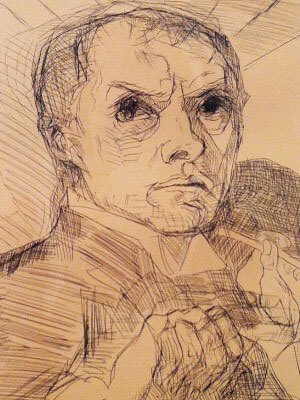 Sketched portrait of the bust of a man with dark eyes