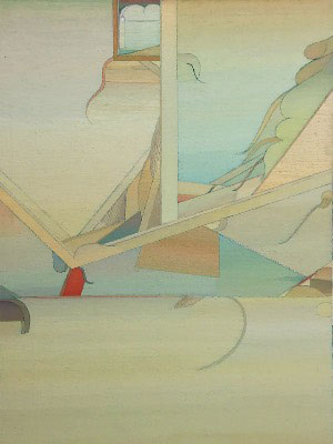 Surrealist oil painting of abstracted architectural elements floating against a pastel background