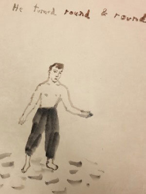 Black lithograph print on cream-colored paper of a man wearing only black pants with footprints on the ground and handwritten text at the top reading, “He turned round & round” 