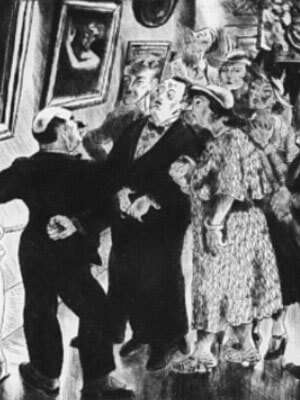 Black-and-white etching of a group of adults looking at artwork hanging on a wall in a museum