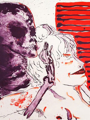 Lithograph print of a violet skeleton and a nude light-skinned woman against a white and red background
