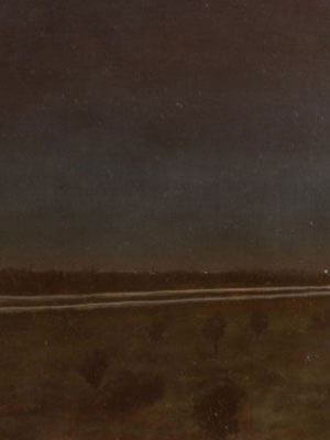 Dark landscape painting of converging highway roads at night with city lights in the distance