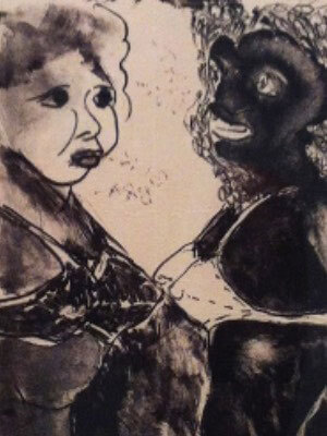 Tightly cropped, black-and-white lithograph of a light-skinned woman and a dark-skinned woman facing one another 