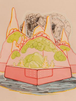 Colorful gouache painting of green organic shapes within pink transparent enclosures on a blue foreground