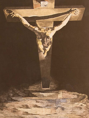 A person hangs on a cross suspended in a black sky above a landscape of sky and water containing a boat and three small figures