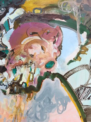 Abstract painting with swirling colors in pink, teal, green, and yellow.