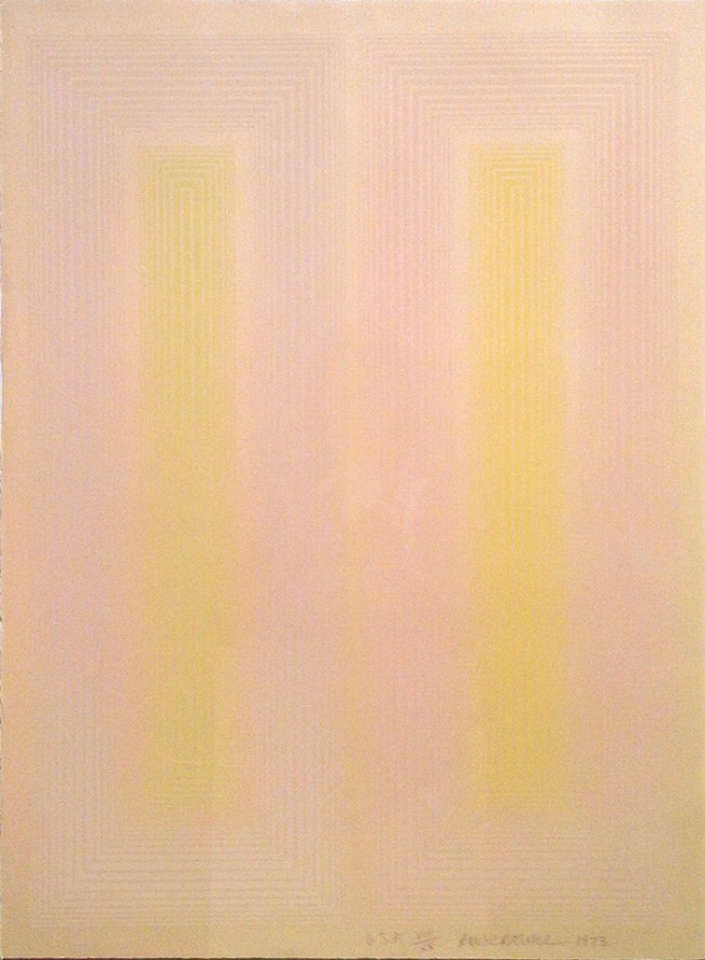 Two tall and narrow light-yellow rectangles with radiating white boxes around each rectangle are parallel to each other on a light-pink background 