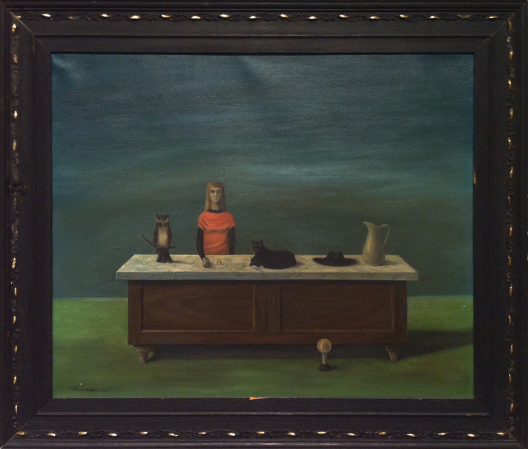 Surrealist painting of a person standing behind a centrally placed table covered with objects
