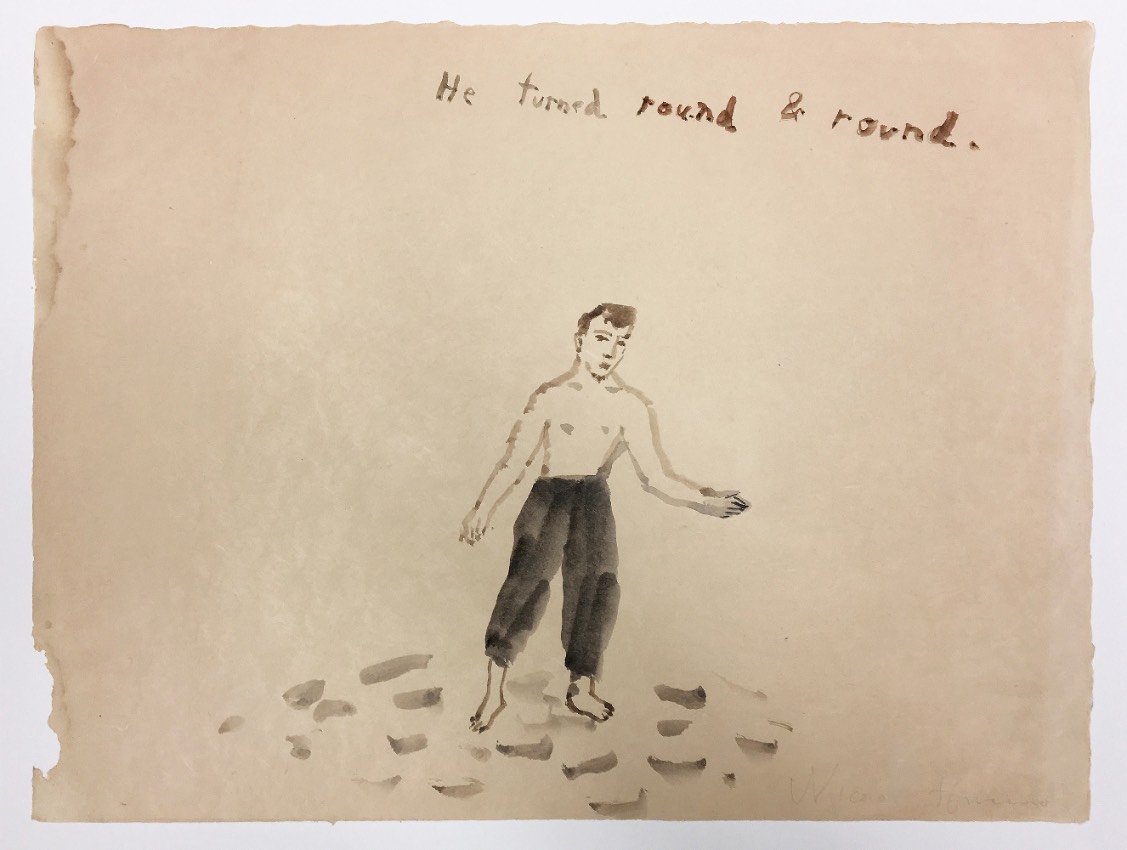 Black lithograph print on cream-colored paper of a man wearing only black pants with footprints on the ground and handwritten text at the top reading, “He turned round & round” 