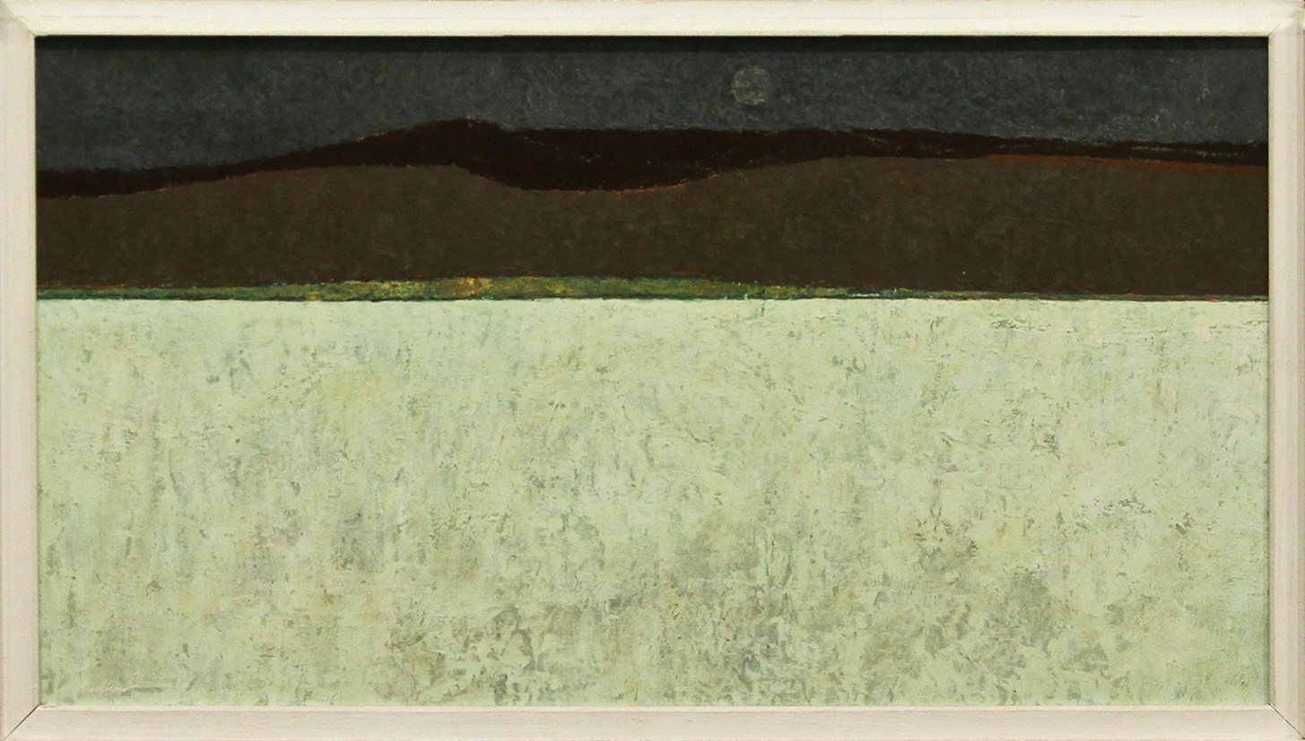 Textural painting of a light green valley with dark mountains in the distance and a moon in the sky