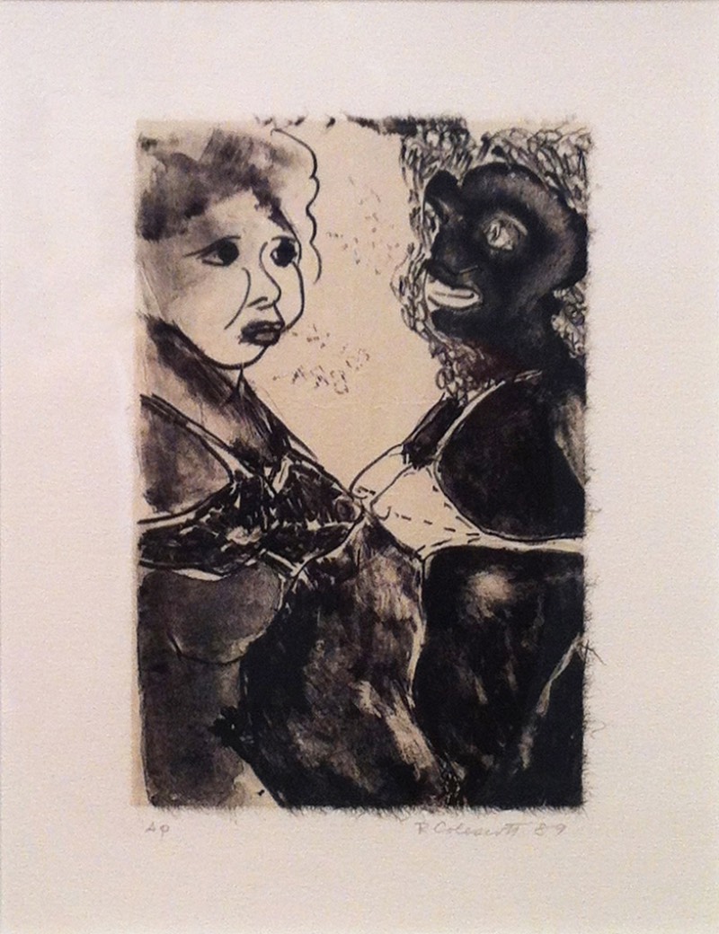 Tightly cropped, black-and-white lithograph of a light-skinned woman and a dark-skinned woman facing one another 