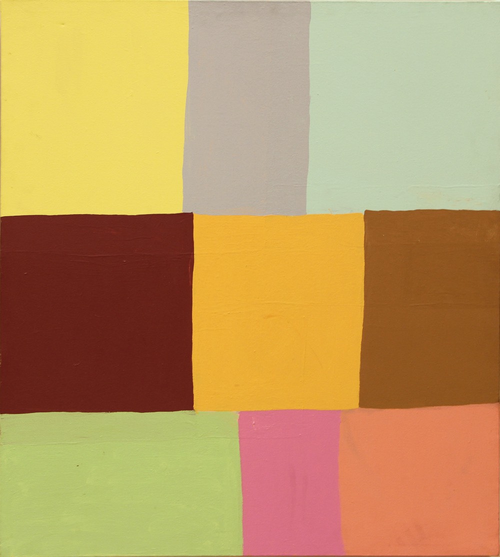 Abstract painting of nine colorful rectangles in an uneven three-by-three grid 