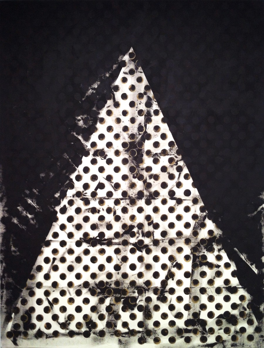 Black-and-white oil painting of a white pyramid with black polka dots