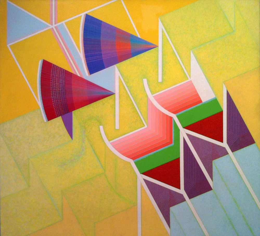 Abstract painting with colorful shapes against a yellow background