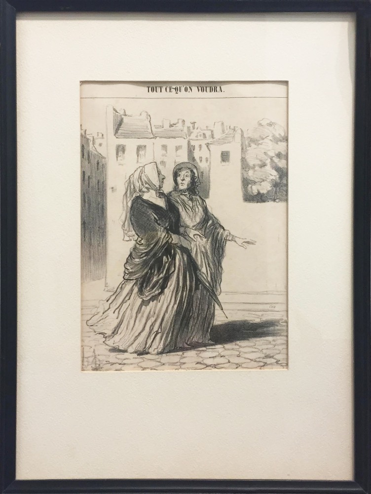 Black-and-white print of two women strolling together down a cobblestone street 