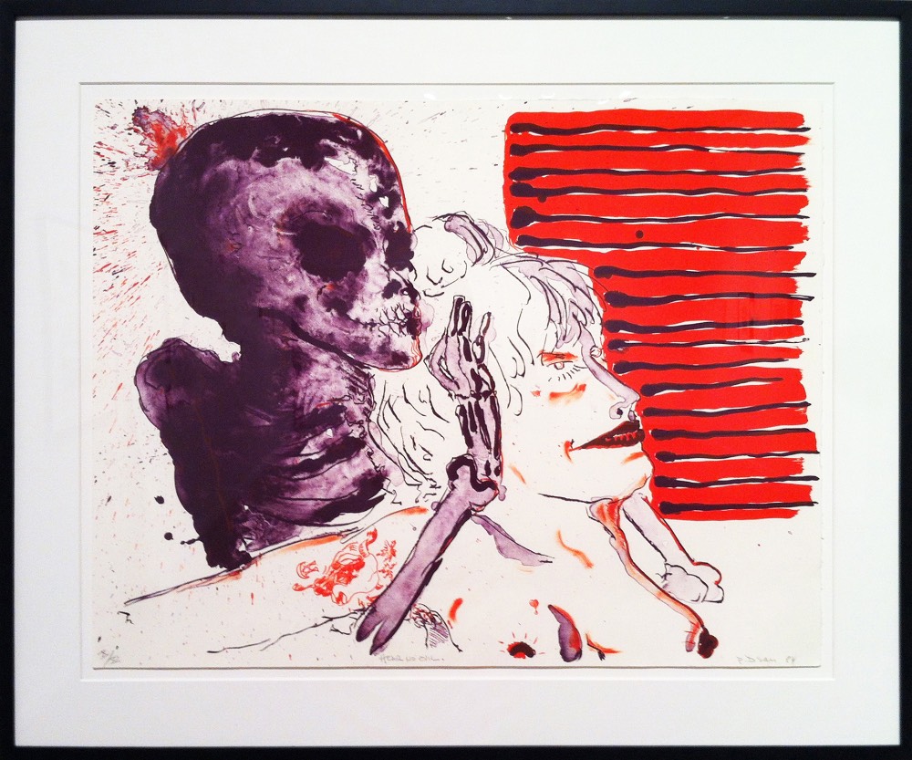 Lithograph print of a violet skeleton and a nude light-skinned woman against a white and red background 