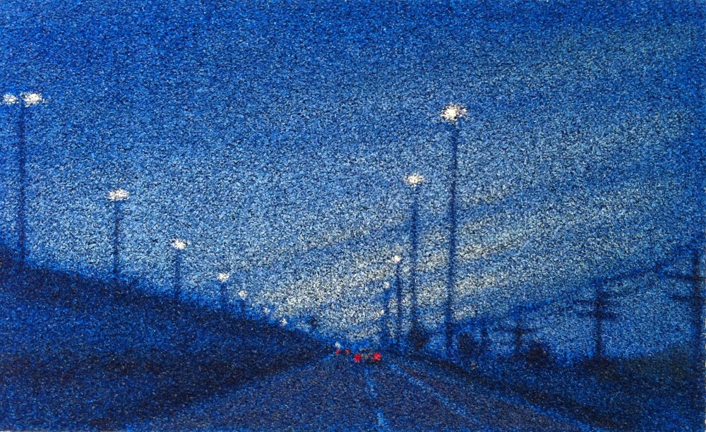 Blue oil painting on Astroturf of cars with red tail lights driving on a road flanked by streetlamps and telephone poles 