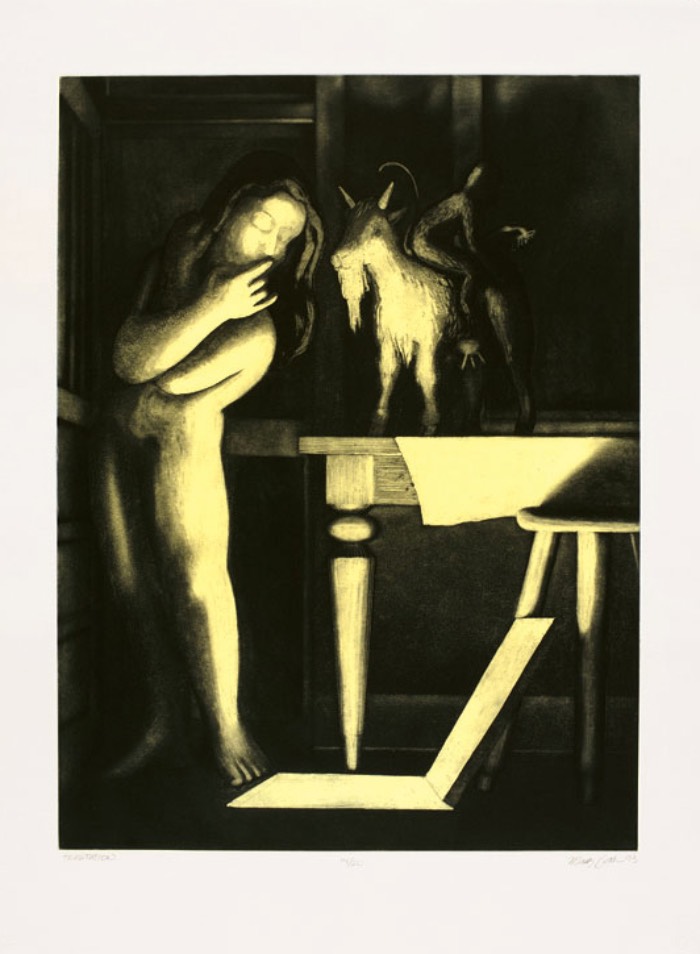 Black and light-yellow lithograph print of a figure peering into a light-filled opening in the ground, standing next to a monkey and goat on a table