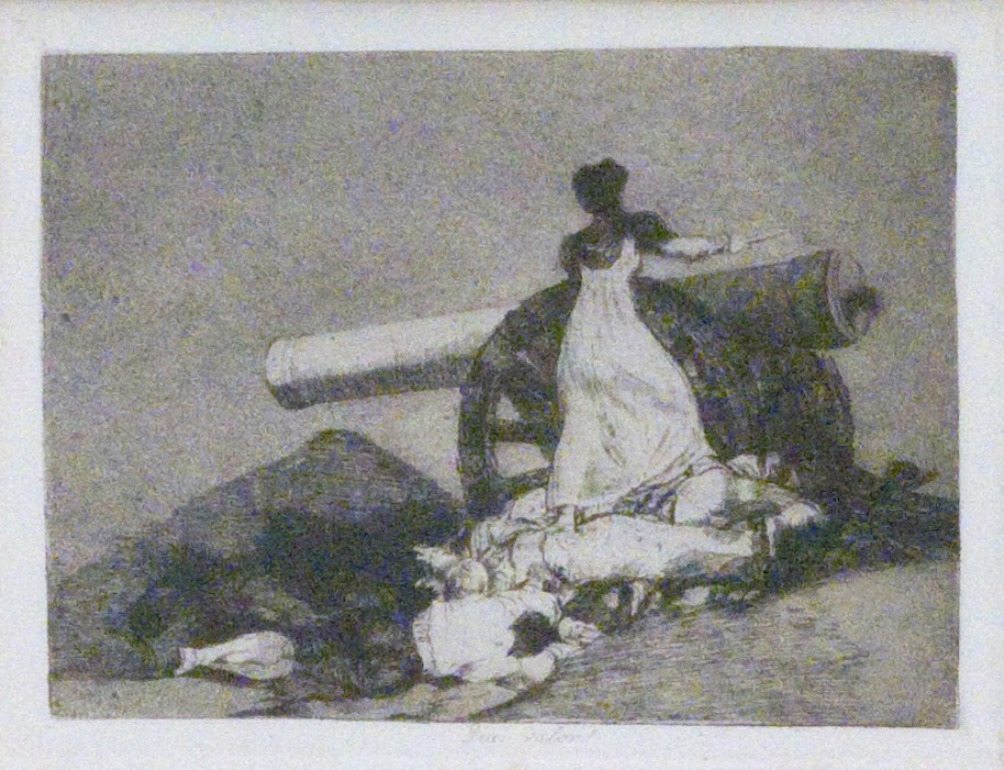 Black-and-white etching of a female figure lighting a cannon while standing on deceased bodies 