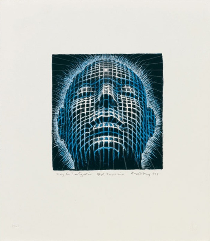 Tightly cropped bald human head made of contoured gridded lines of varying shades of blue whose face is tilted upwards with closed eyes