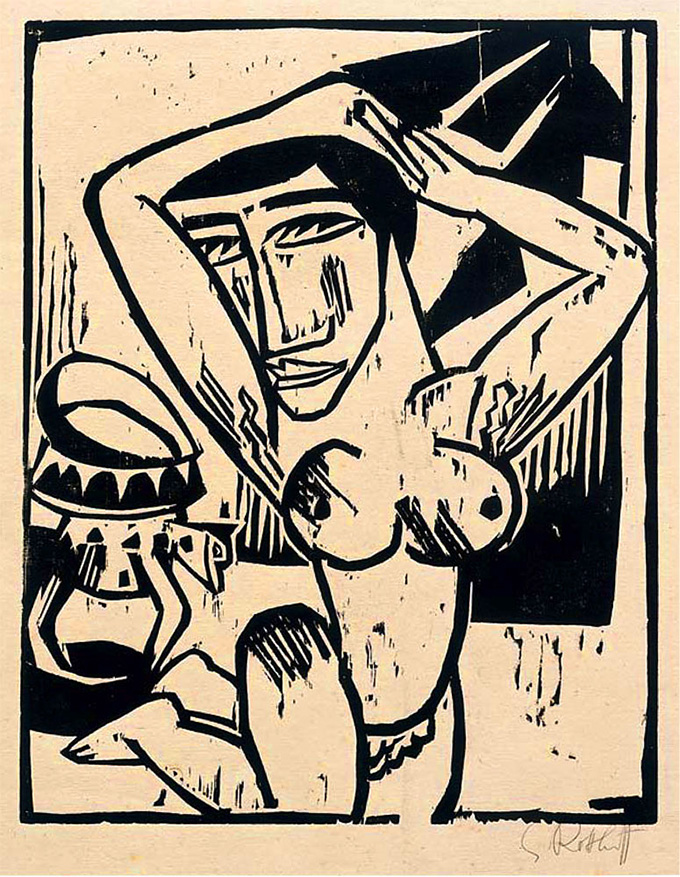 Karl Schmidt-Rotluff's woodcut print, "Kneeling Nude"