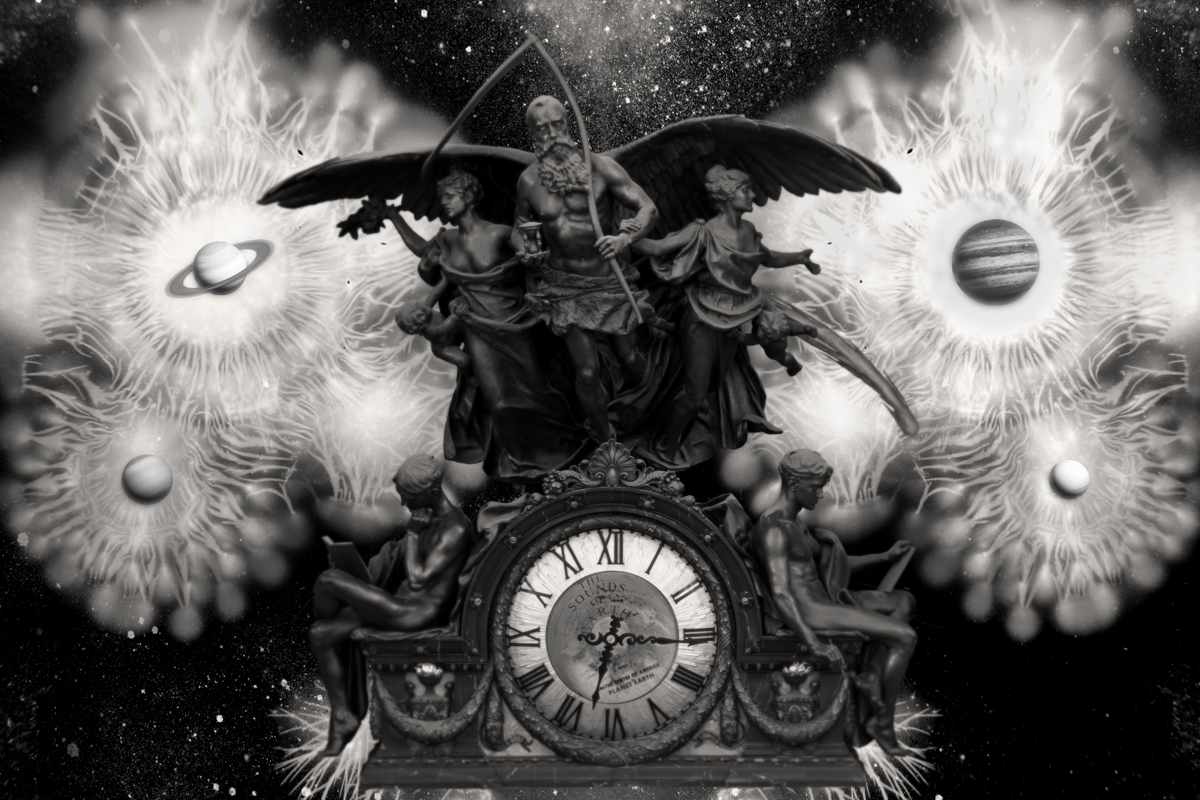 A black and white still from an artist film with sculptures of people with a mantle clock. Behind is space with planets haloed with circles and abstract shapes of light.