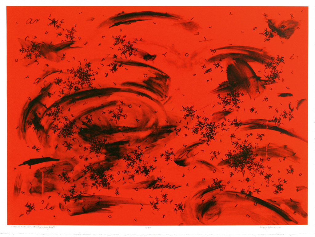 Abstract artwork with black brushstrokes and scattered letters on a red background.