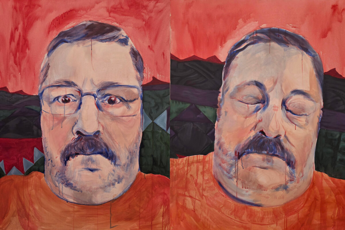 Two side-by-side painted portraits of a person with a mustache, eyes open on the left and eyes closed on the right, set against a red background with geometric patterns.