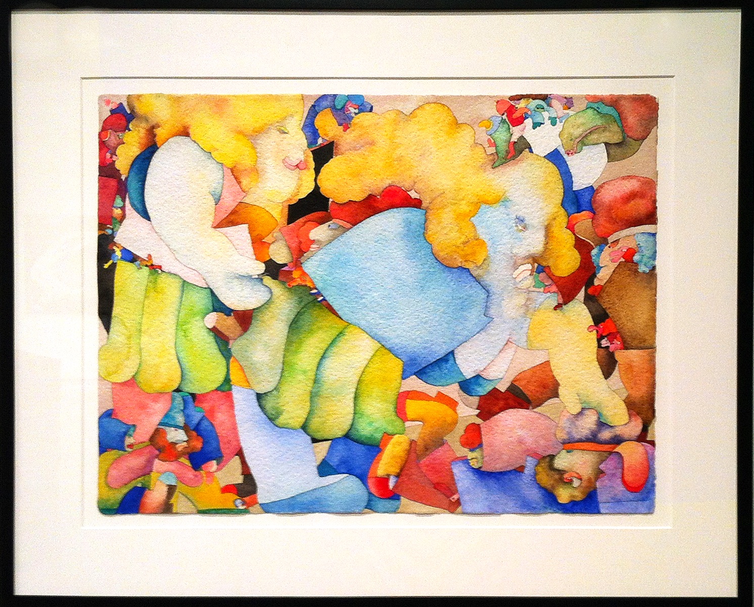 an abstract watercolor painting featuring a complex composition of overlapping, rounded human-like figures in bright, vivid colors. 