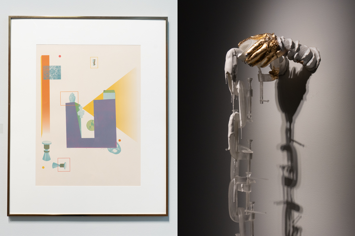 Two artworks: an abstract print with geometric shapes and a mixed media piece with a gold hand and a chain made from clear glass
