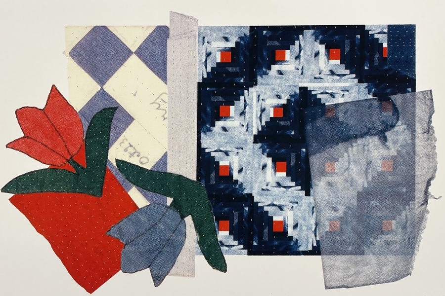 Print of various fabrics with red flower, blue and cream diamond pattern, and blue checkered squares.