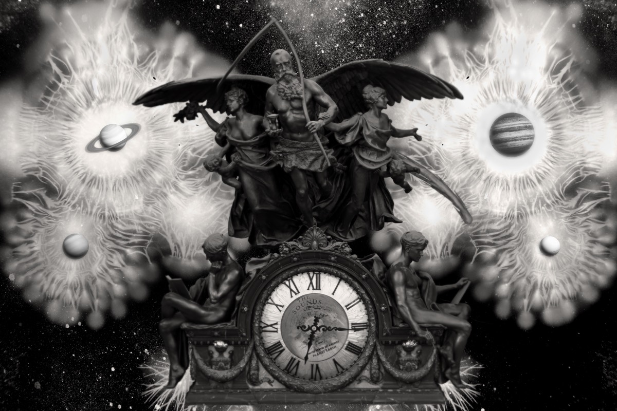 A black and white still from an artist film with sculptures of people with a mantle clock. Behind is space with planets haloed with circles and abstract shapes of light.